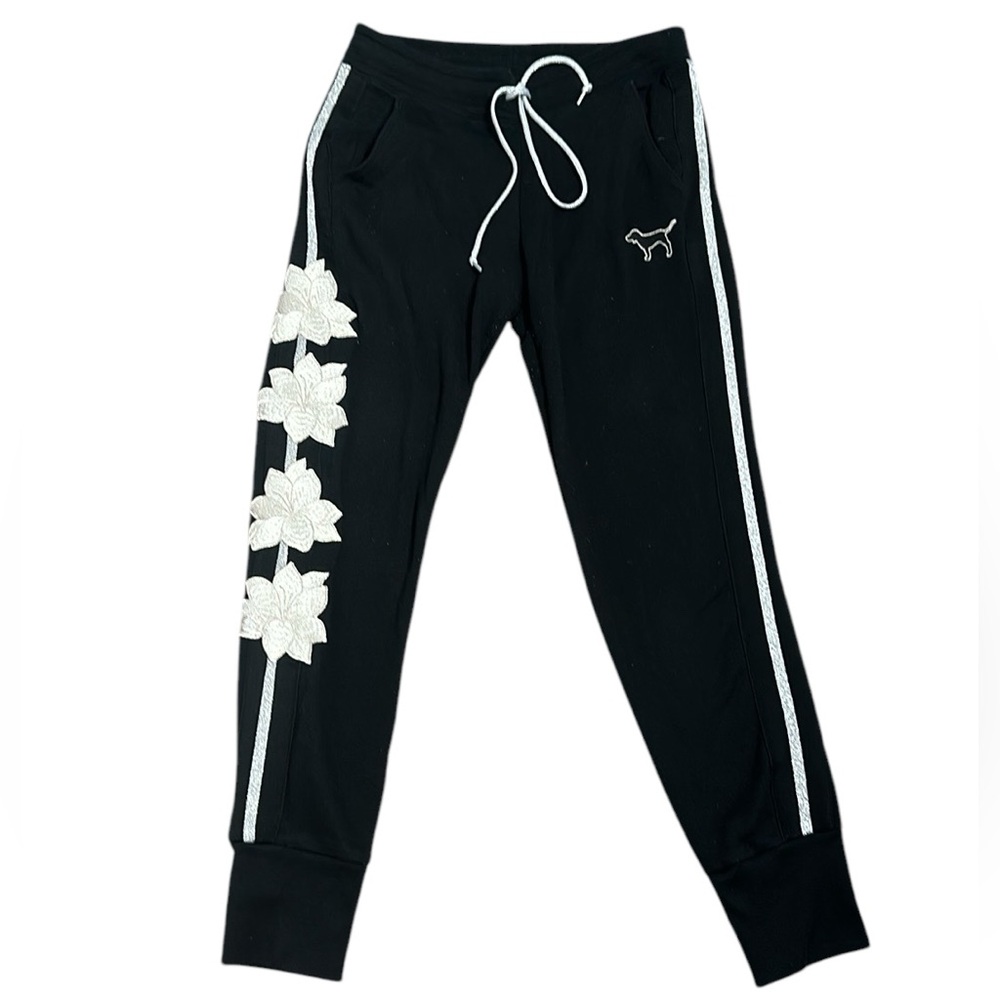 Pink victory secret black emboridry fleece lining jogger size SP black  …